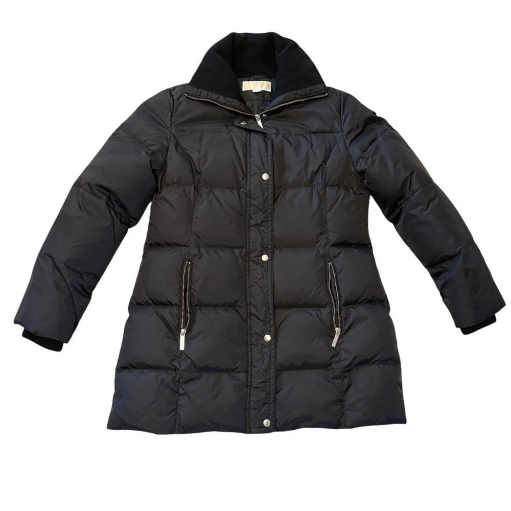 Michael Kors Black Puffer Coat Quilted Down Fill Zip Front Collar Medium - Picture 2 of 6